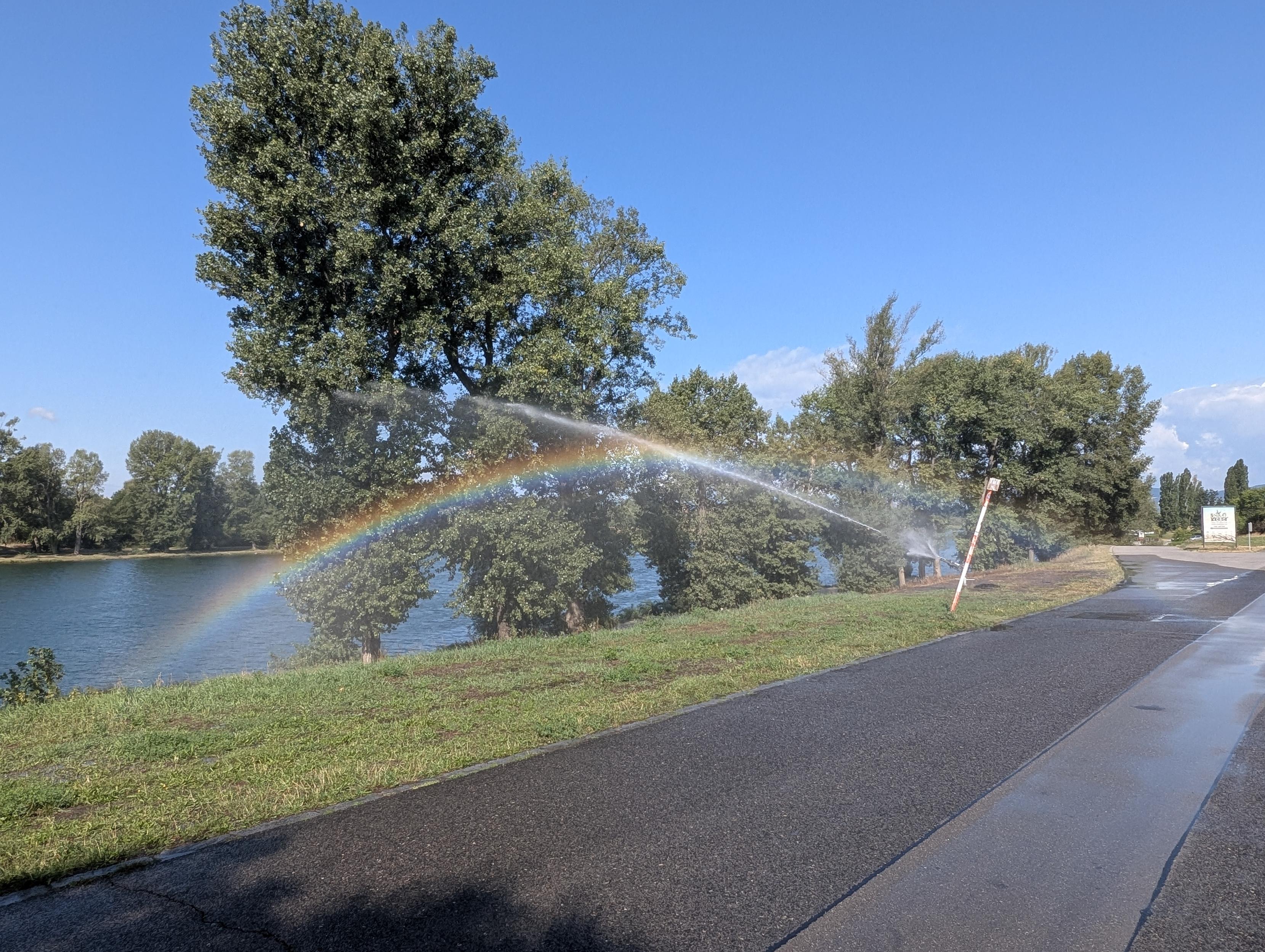 Foto eines Rasensprengers auf einer Wiese neben einer Straße, der einen weiten Strahl Wasser spritzt. Dahinter hat sich ein bunter Regenbogen gebildet, der durchs Bild geht. Links ist noch ein breiter Fluss im Hintergrund zu sehen.